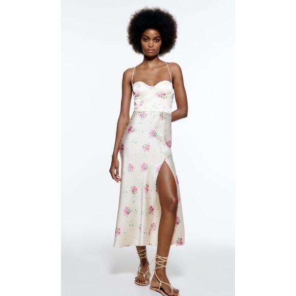 Zara Dresses & Skirts - NEW Zara White Silk Satin Floral Sleeveless Bustier Slit Cami Midi Slip Dress S